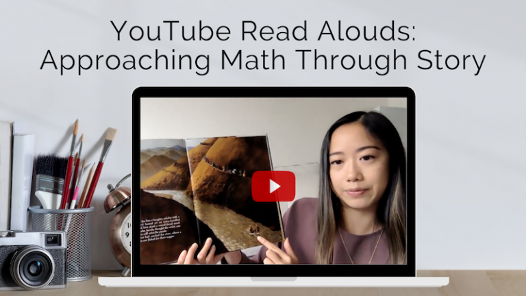 A person holding a book on a laptop screen. A title reads, "YouTube Read Alouds: Approaching Math Through Story".
