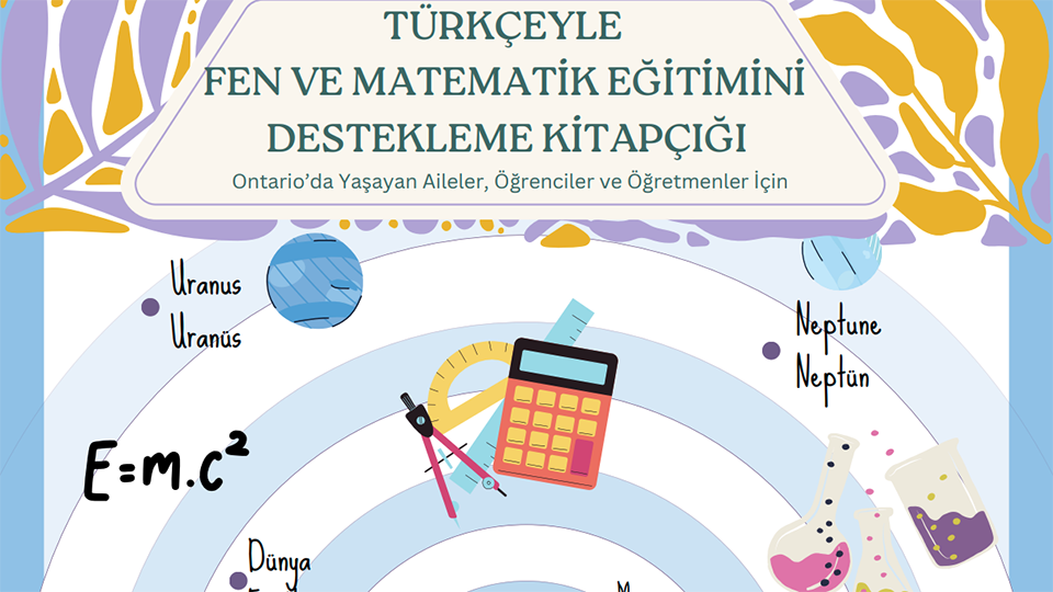 A graphic that reads, "Türkçeyle Fen Ve Matematik Eğitimini Destekleme Kitapçiği". A variety of math-related resources and icons are also depicted.