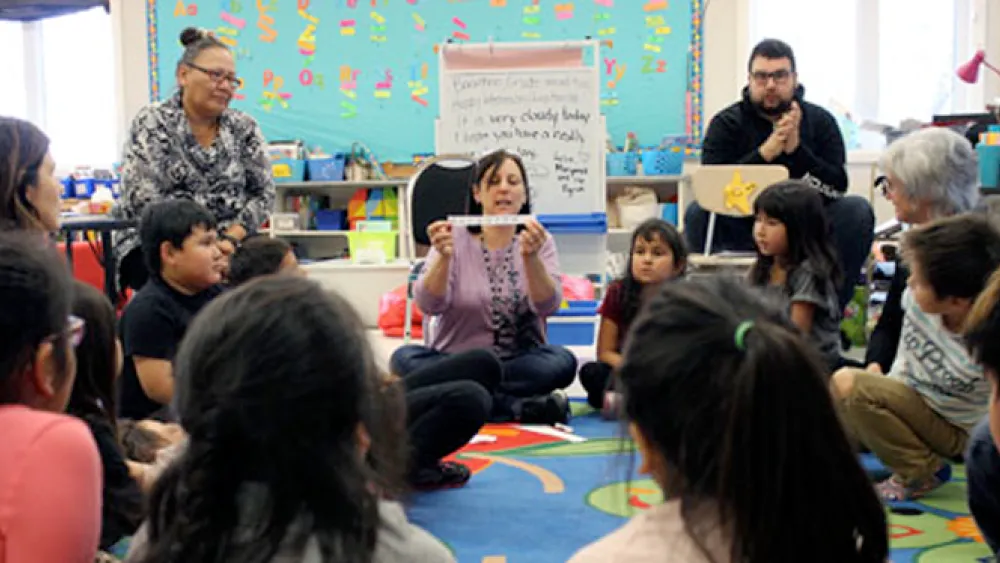 Onigaming teacher Margaret Romain leads a numeracy lesson with names.