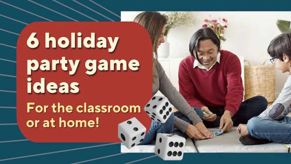 People playing cards with a title that reads, "6 holiday party game ideas for the classroom or at home!"