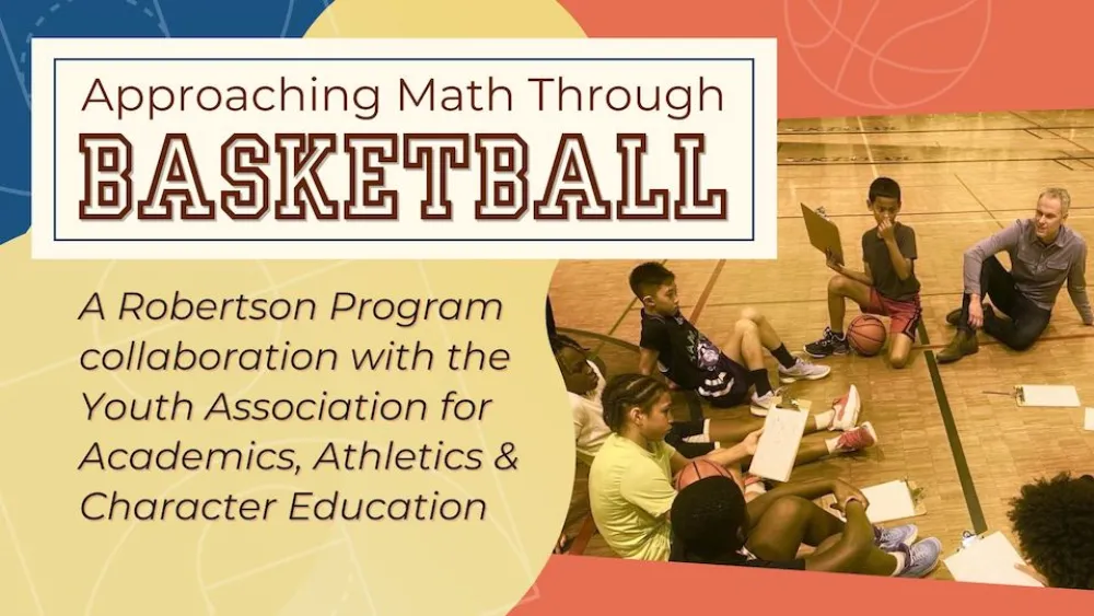 A header image that has children and an instructor seated on a basketball court, and a title that reads, "Approaching Math Through Basketball".