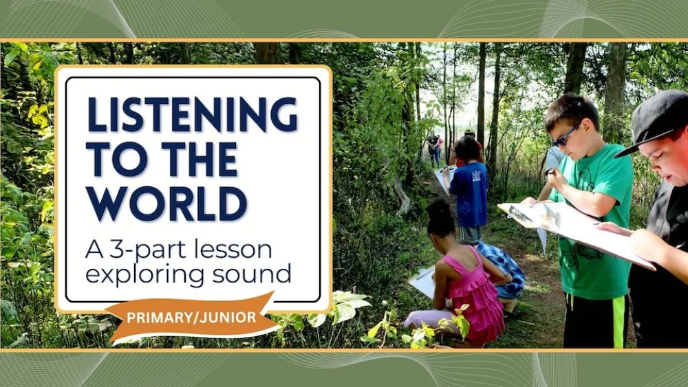 Students outside with a title that reads, "Listening to the World, A 3-part lesson exploring sound".