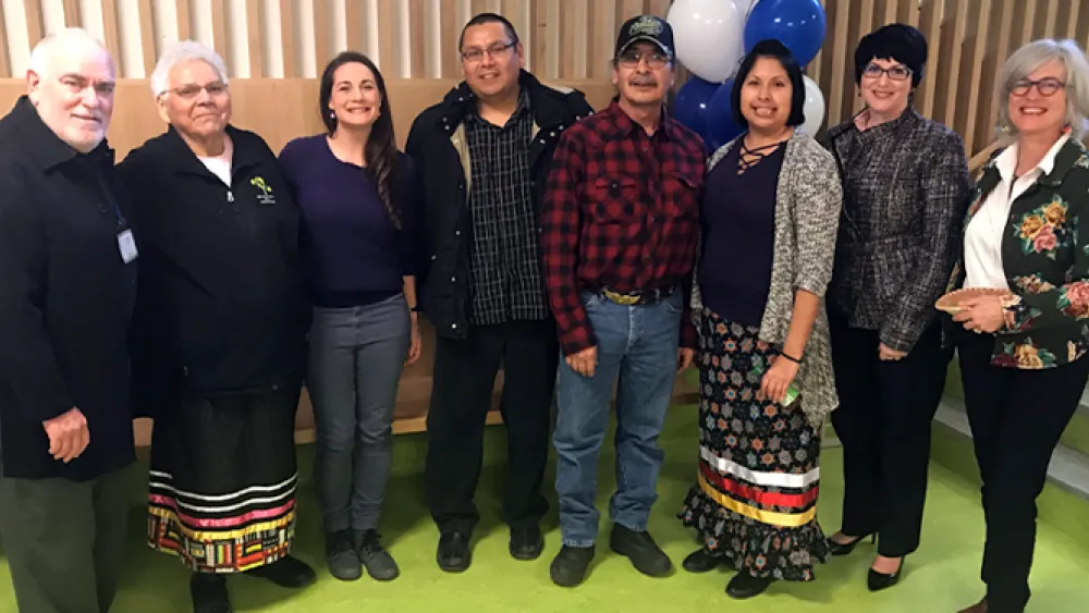 OISE special advisor Charles Pascal, Elder Nancy Jones, TakingITGlobal Director Jennifer Courier, RRDSB Language Consultant Jason Jones, Elder Mike Kabatay, Tracy Kabatay and Robertson Director Bev Caswell