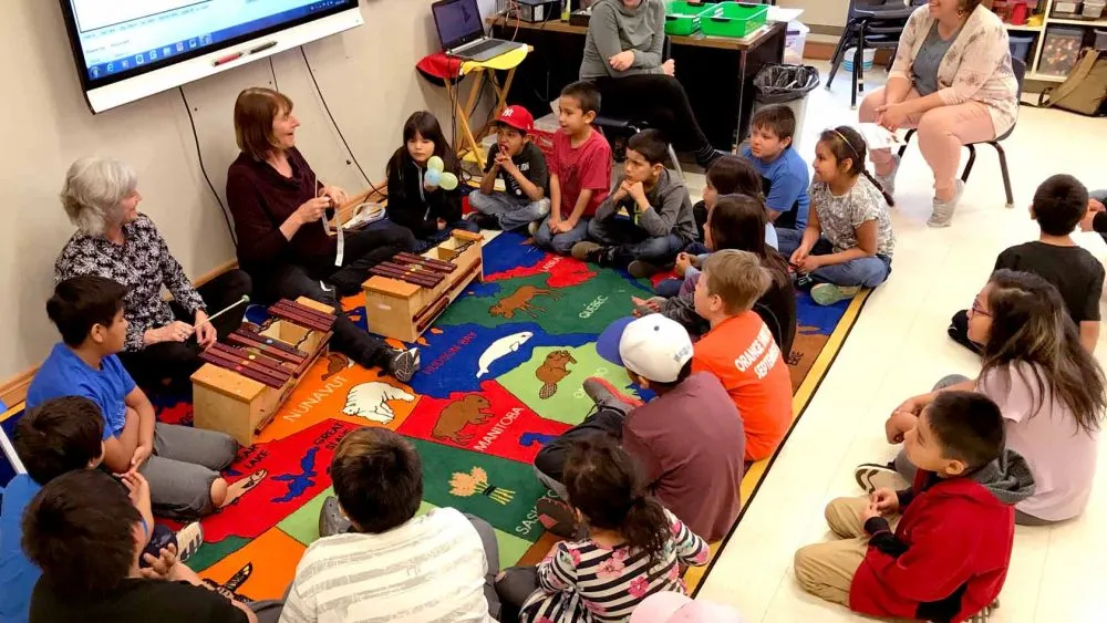 Students in Julie McQuaker’s 3/4 Class play their repeating patterns on the xylophone