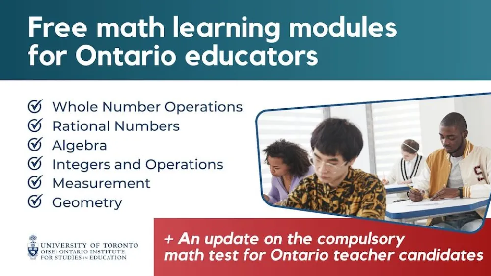 Students writing with a title that reads, "Free math learning modules for Ontario educators".