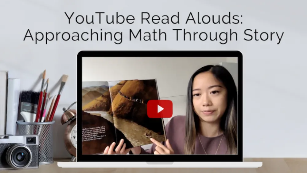 A person holding a book on a laptop screen. A title reads, "YouTube Read Alouds: Approaching Math Through Story".