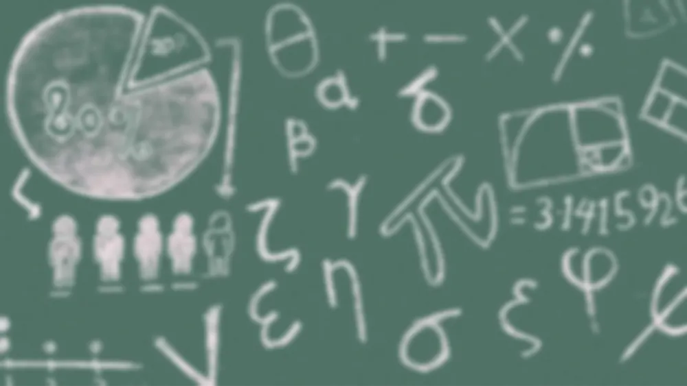 A chalkboard with various mathematical symbols, equations, and diagrams, including a pie chart labeled "30%" and stick figures.