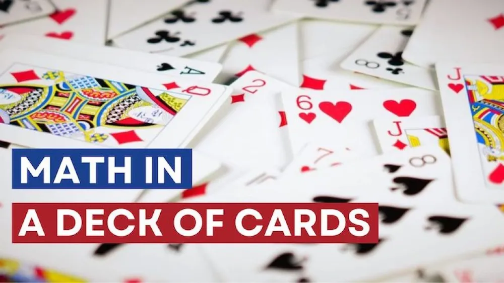 Scattered playing cards with a title that reads, "Math in a Deck of Cards".