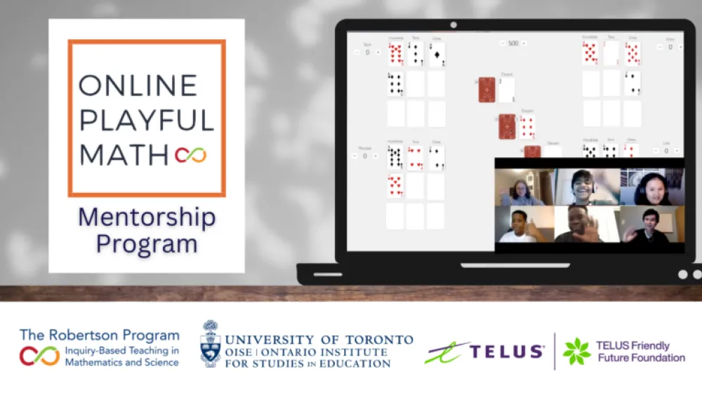 A laptop on a table with a title that reads, "Online Playful Math, Mentorship Program".