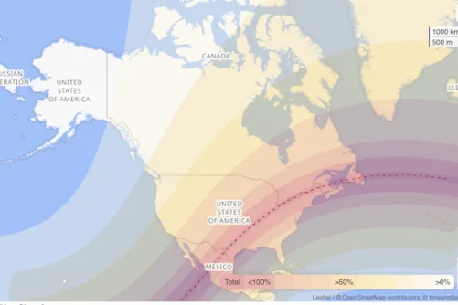 A graphic of the path of totality as the moon’s shadow crosses Earth’s surface on April 8, 2024.