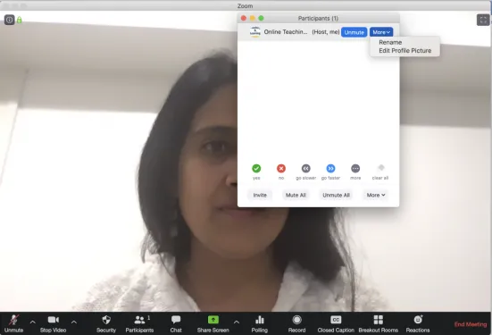 A screenshot of Zoom with Preeti Raman's video on, and a participants window overlay.