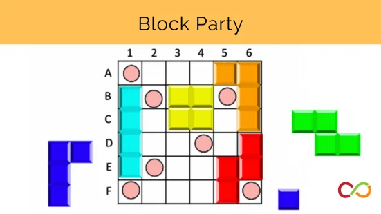 A grid with different Tetris pieces and dots within it, and a title that reads, "Block Party".