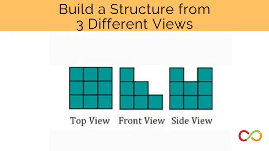 Three different structures made out of cubes and with a title that reads, "Build a Structure from 3 Different Views".