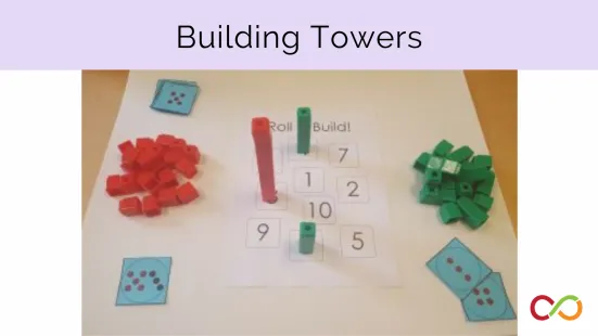 Two piles of green and red blocks with some stacked in the middle of the picture. A title reads, "Building Towers".