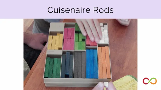 A box filled with different coloured Cuisenaire Rods, and a title that reads, "Cuisenaire Rods".