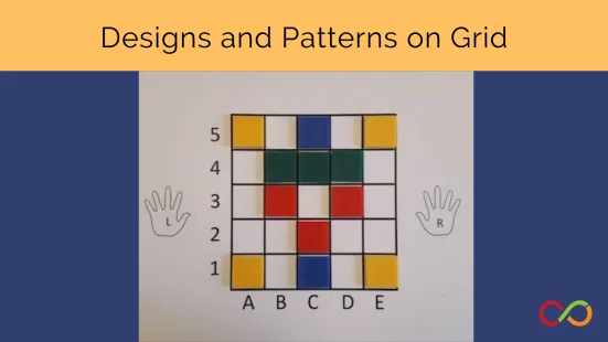 A grid with different colour blocks and a title that reads, "Designs and Patterns on Grid".