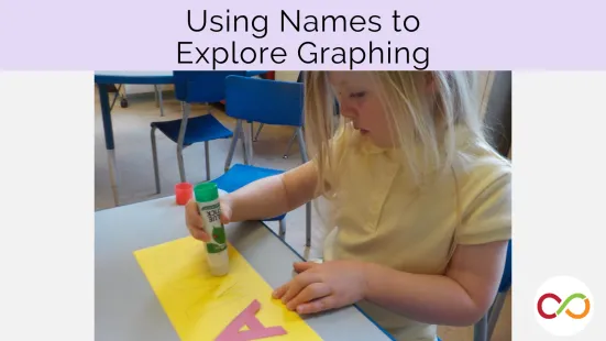A student using a glue stick on a piece of paper with a title that reads, "Using Names to Explore Graphing".