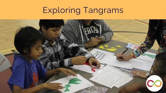 Students working with tangrams and a title that reads, "Exploring Tangrams".