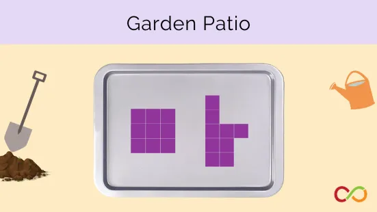 A baking pan with purple coloured squares on it. A title also reads, "Garden Patio".