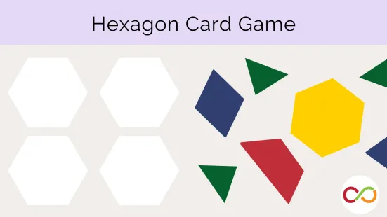 Four white hexagons and various other shapes. A title reads, "Hexagon Card Game".