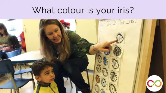 An instructor and student standing in a classroom, with the instructor pointing at an illustrated eye. A title also reads, "What colour is your iris?".