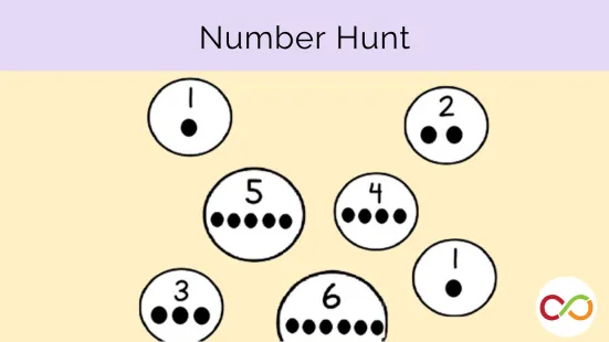 A bunch of numbers and dots in circles with a title that reads, "Number Hunt".