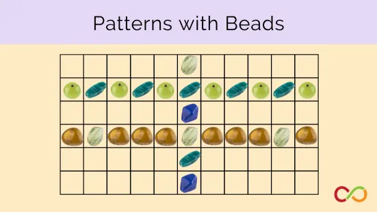 Different shapes appearing in a pattern within a grid. A title at the top reads "Patterns with Beads".