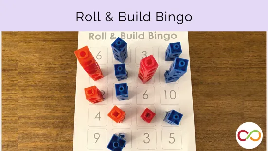 A bingo sheet covered with red and blue blocks that are stacked and a title that reads, "Roll & Build Bingo".