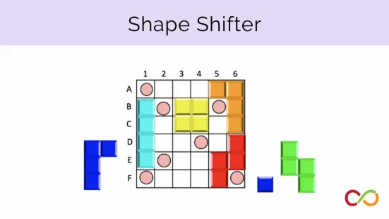A grid with blocks and circles, and a title that reads, "Shape Shifter".