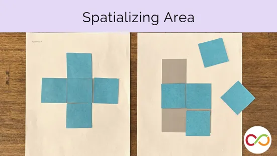 Two pieces of paper with blue and grey squares over top. A title reads, "Spatializing Area".