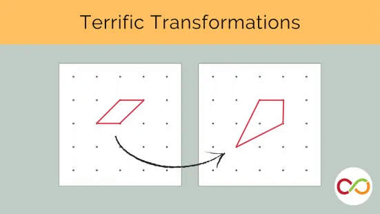 Two shapes drawn on two different sheets of graphing paper. A title reads, "Terrific Transformations".