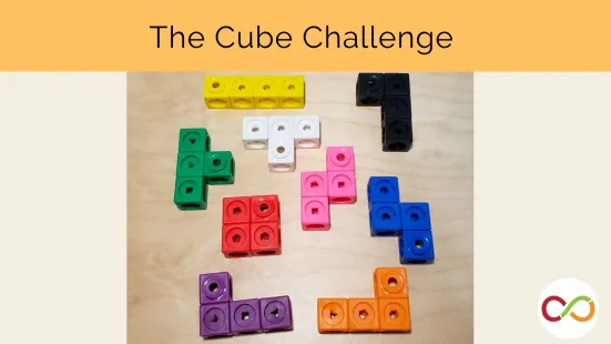 A bunch of cubes making shapes on a table with a title that reads, "The Cube Challenge".