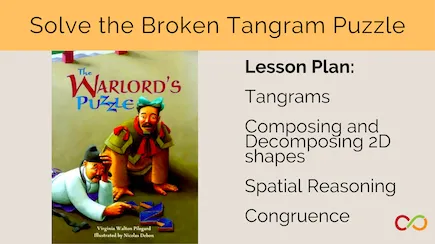 The Warlord's Puzzle book with a title that reads, "Solve the Broken Tangram Puzzle".
