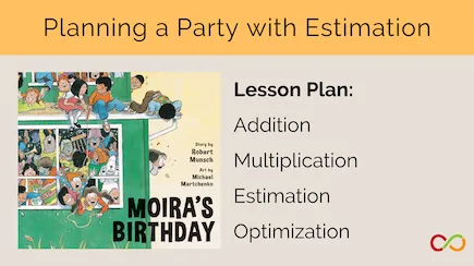 Moira's Birthday book cover, with a title that reads "Planning a Party with Estimation", and lesson plan.