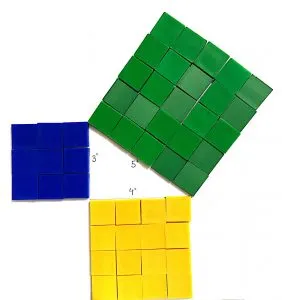 A blue, yellow and green square creating a triangle.