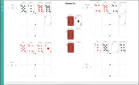 An image of the playing board on playingcards.io for the OPM game Closest To