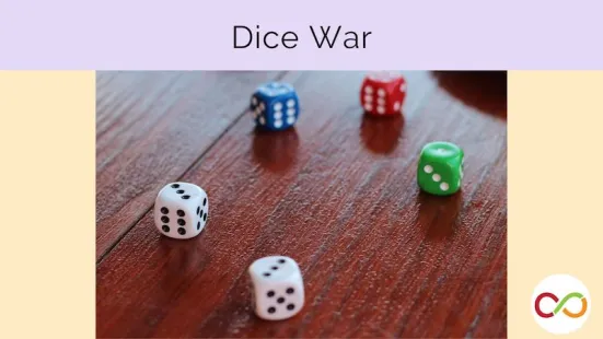 Five dice on a table with a title that reads, "Dice War".