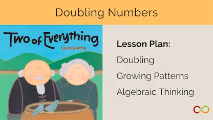 A book titled "Two of Everything" with a Lesson Plan, and a title that reads, "Doubling Numbers".