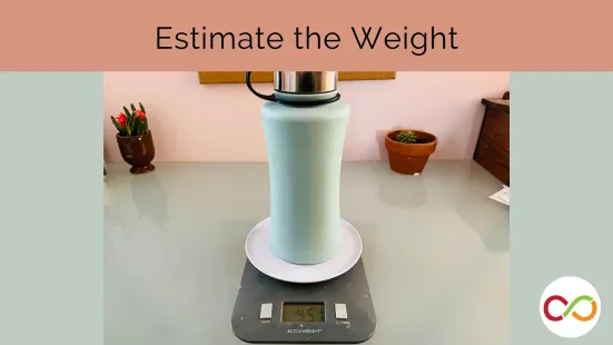 A water bottle on a scale, with a title that reads, "Estimate the Weight".