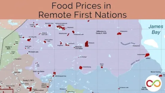 A map with certain locations in Ontario highlighted. A title reads, "Food Prices in Remote First Nations".