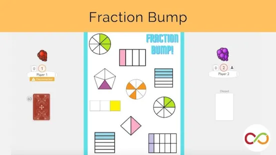 A variety of shapes split up equally. A title reads, "Fraction Bump".