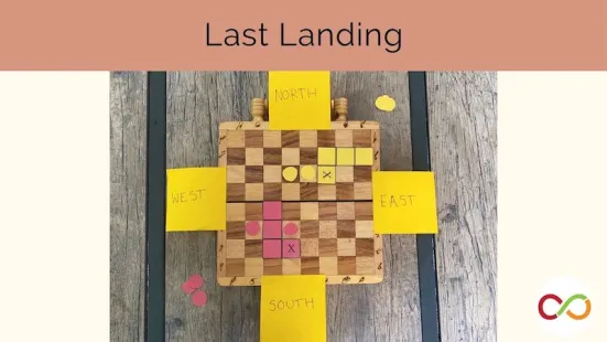 A checkboard with yellow and purple tiles. A title reads, "Last Landing".