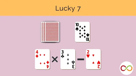 Playing cards forming a math problem and a title that reads, "Lucky 7".