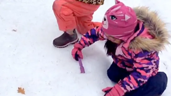 A kid digging into snow with a shovel.