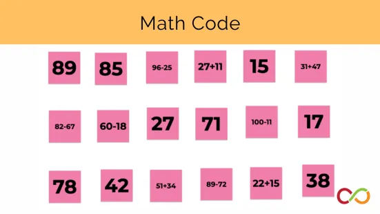 Eighteen squares with either a math problem or number within them. A title reads, "Math Code".