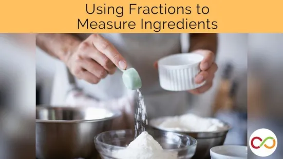 A person baking and pouring something out of a measuring spoon. A title reads, "Using Fractions to Measure Ingredients".
