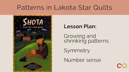 "Shota and the Star Quilt" book cover, with a lesson plan. A title reads, "Patterns in Lakota Star Quilts".