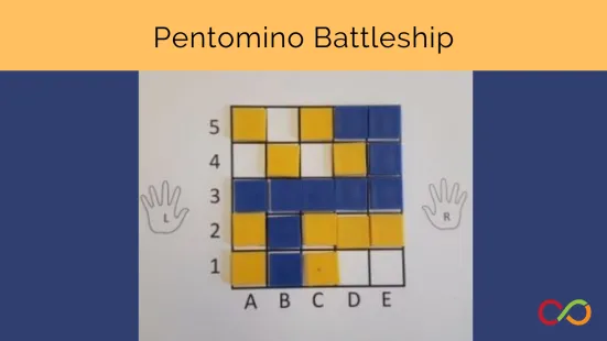Coloured tiles on a grid with a title that reads, "Pentomino Battleship".