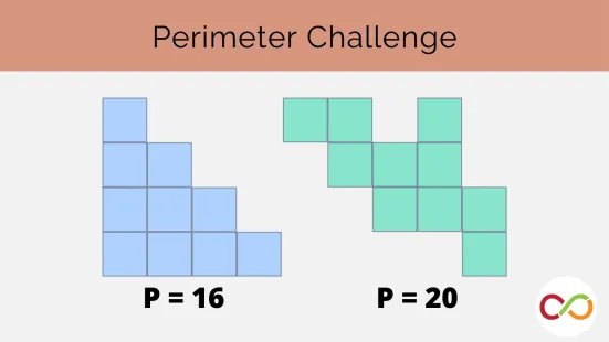 Two shapes made of blocks. A title reads, "Perimeter Challenge".