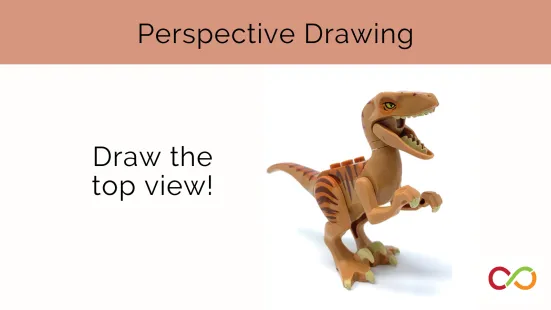 A dinosaur with the text, "Draw the top view". A title reads, "Perspective Drawing".